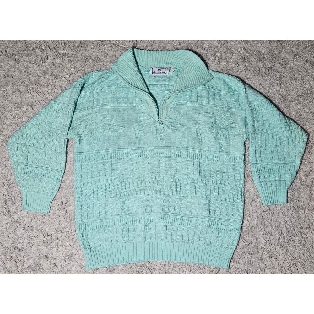 VTG Womens Medium Teal Aqua Cable Knit Sweater 1/4 Zip Cottage Grandmacore